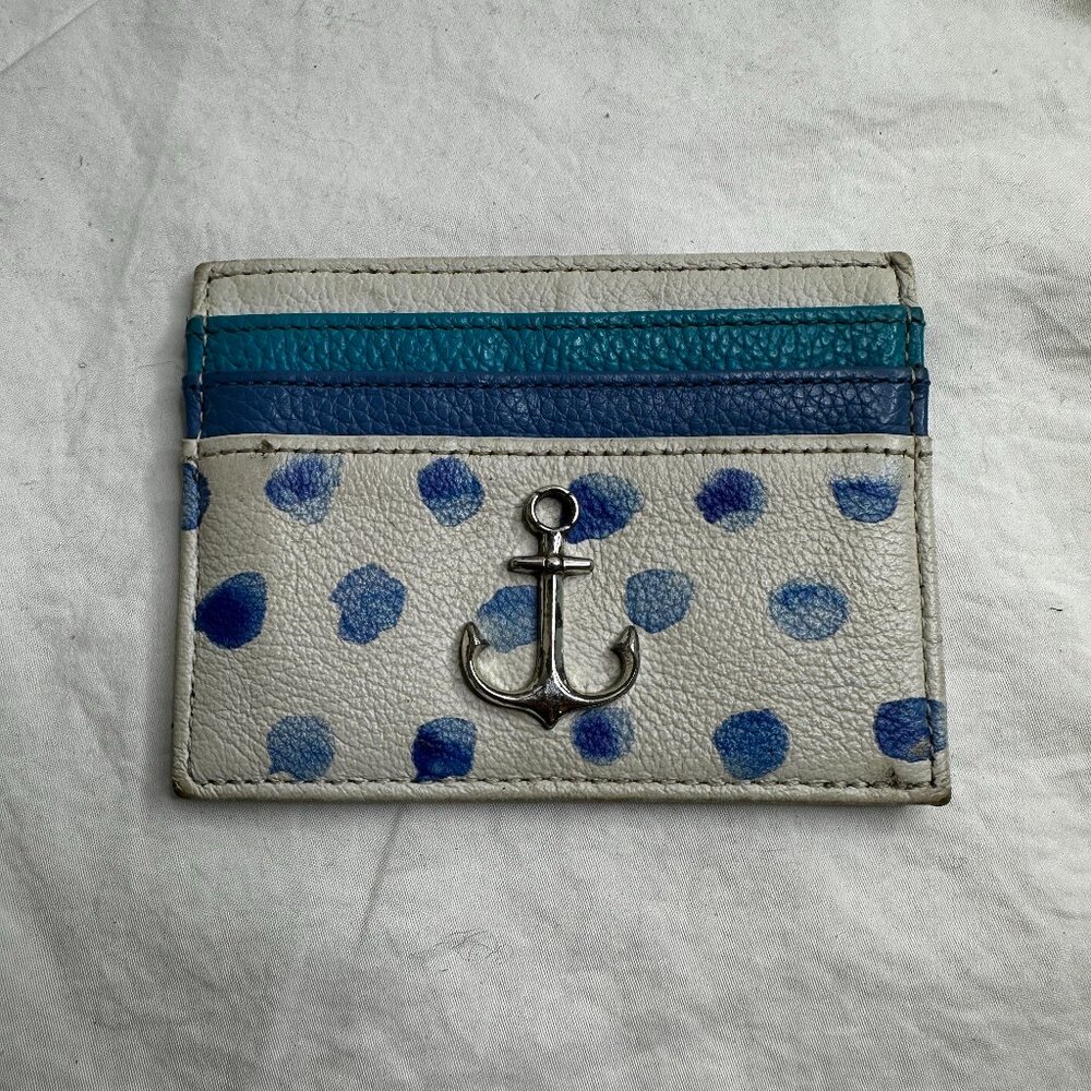 Brighton Blue Water Card Case‎ Leather Silver Anchor Detail White Dots